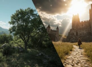 How to Choose Best Game Mods: Complete Guide with Trusted Review Sources A split-screen comparison showing a standard video game world on the left and the same world dramatically enhanced with high-resolution graphics and new content mods on the right.