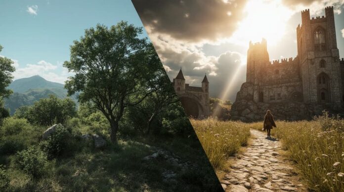 A split-screen comparison showing a standard video game world on the left and the same world dramatically enhanced with high-resolution graphics and new content mods on the right.